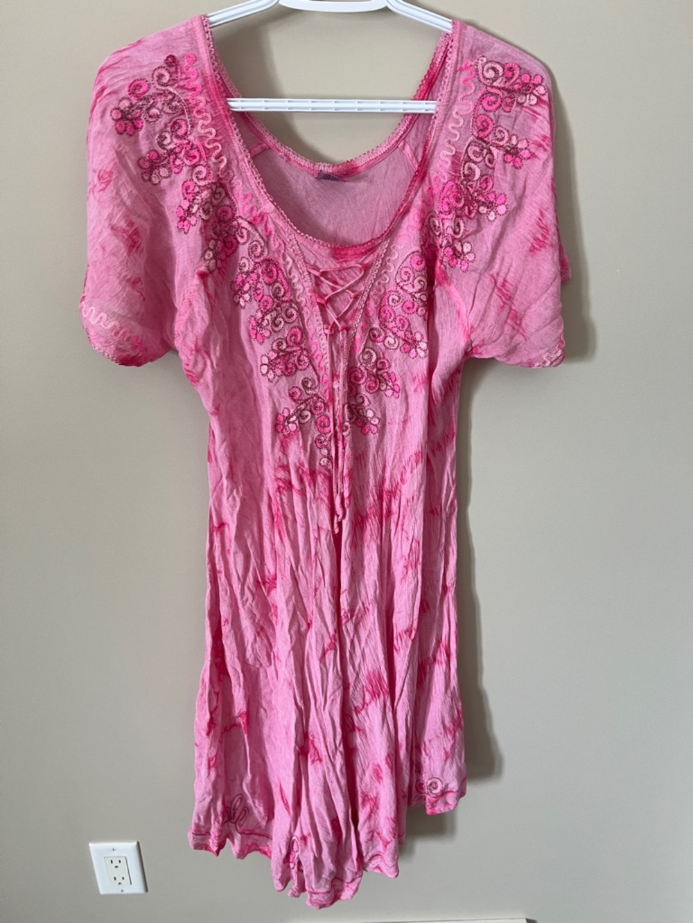 Boho Lace-Up V Neck Embroidered Pink Shift Dress Floral Embroidery Pink Tie-Dye